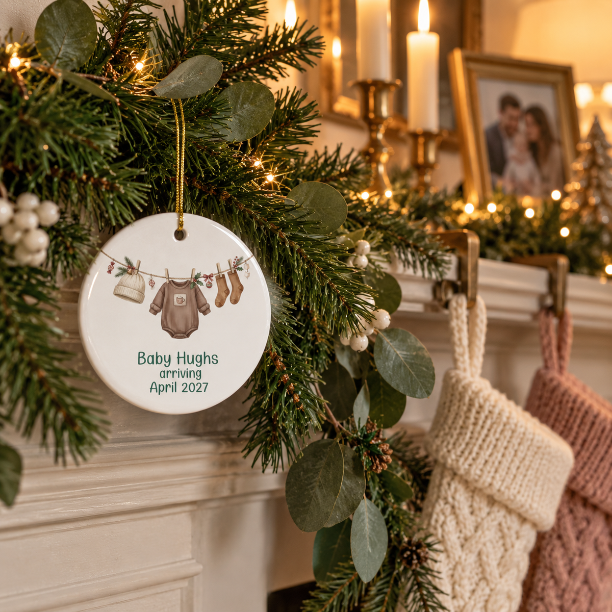 Brown bodysuit baby arriving ornament hanging from a pine garland on a fireplace mantel with stockings