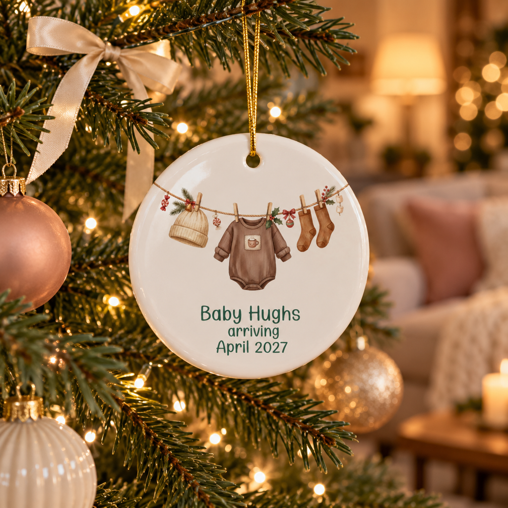 Brown bodysuit and knit hat baby arriving ornament hanging on a lit Christmas tree