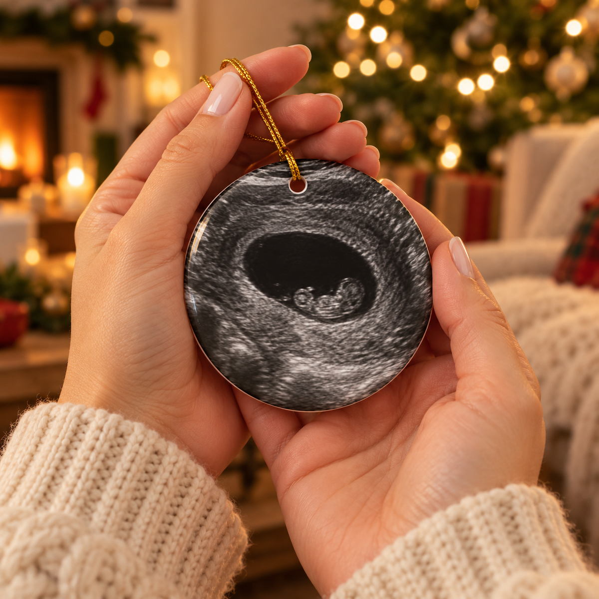 Hands holding the baby arriving ornament with an ultrasound photo on the back, in front of a Christmas tree