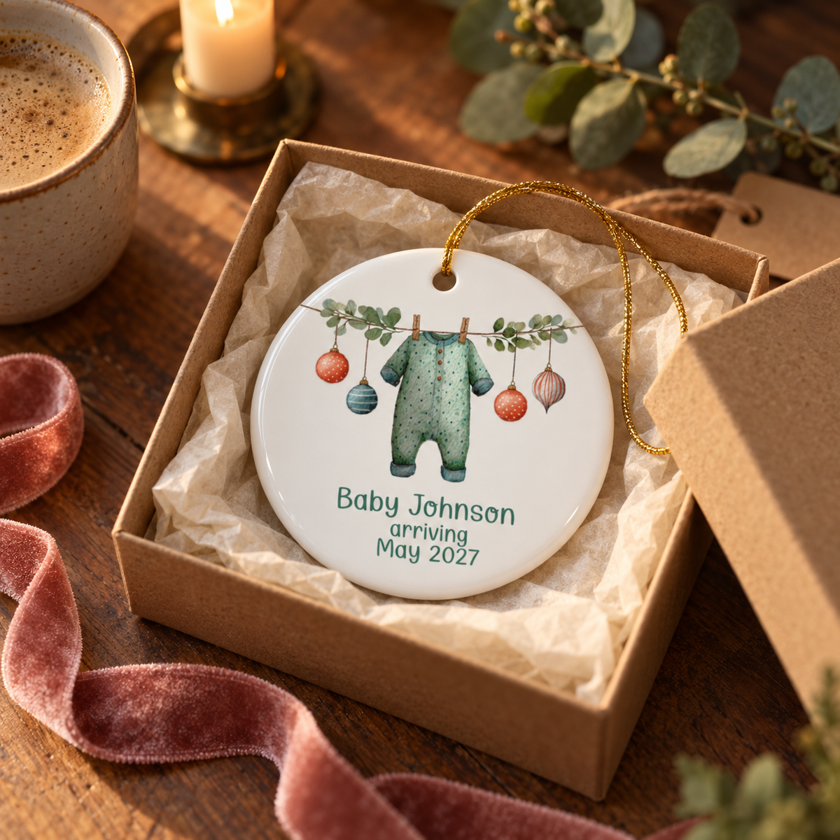 Personalized green sleeper baby arriving ornament in a kraft gift box with tissue paper