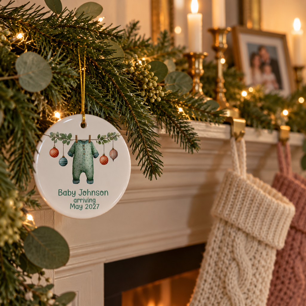 Green sleeper baby arriving ornament hanging from a pine garland on a fireplace mantel with stockings