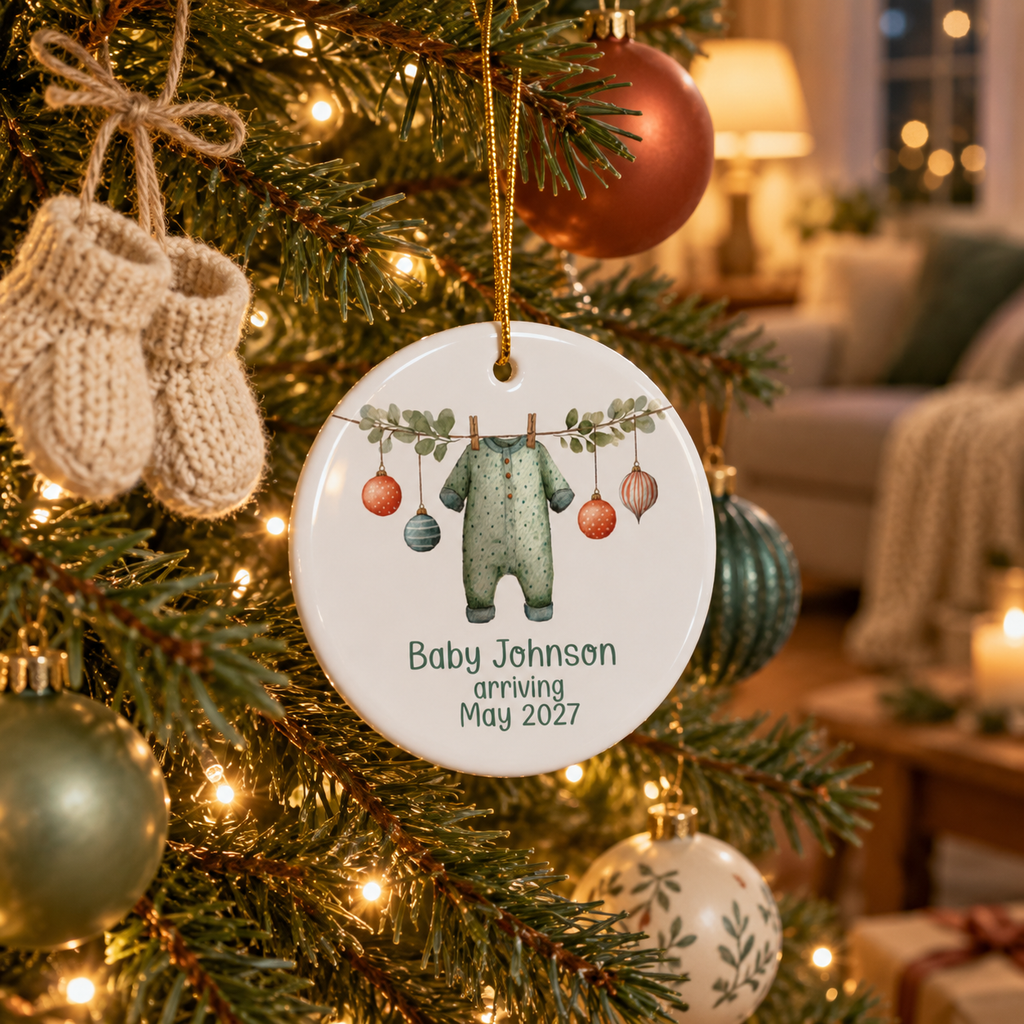 Green polka dot sleeper baby arriving ornament hanging on a lit Christmas tree