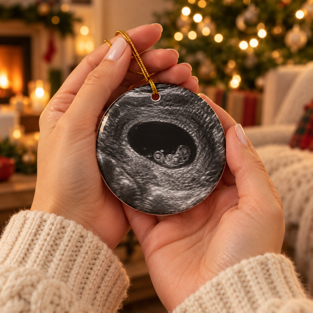 Hands holding the baby arriving ornament with an ultrasound photo on the back, in front of a Christmas tree