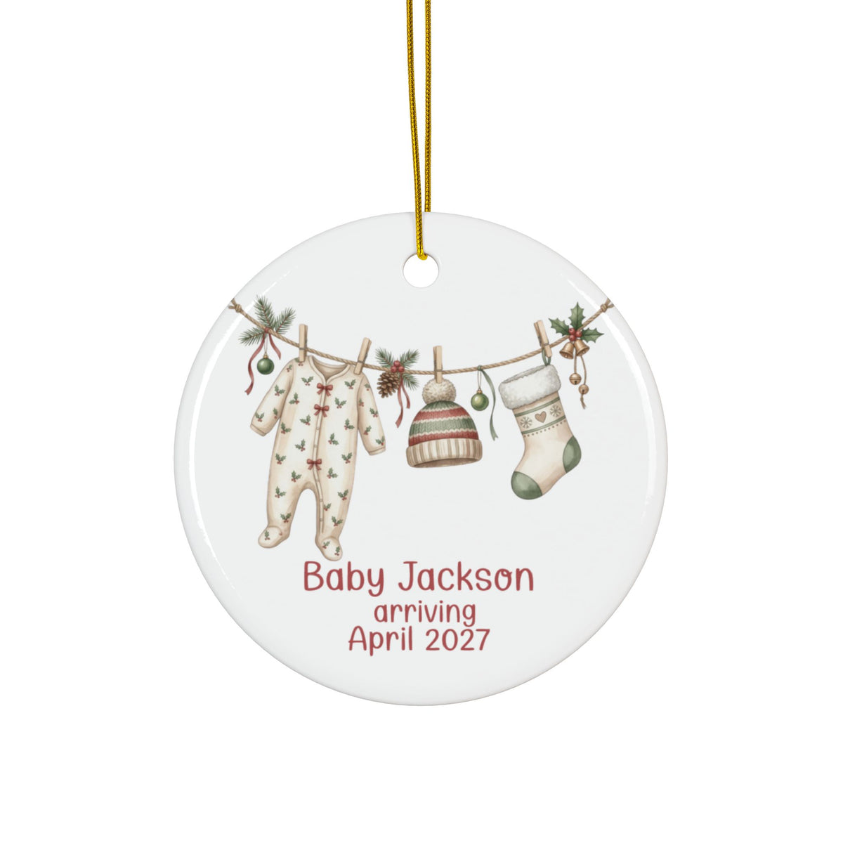 Personalized baby arriving Christmas ornament with holly print sleeper, knit hat and stocking on a garland, family name and due date