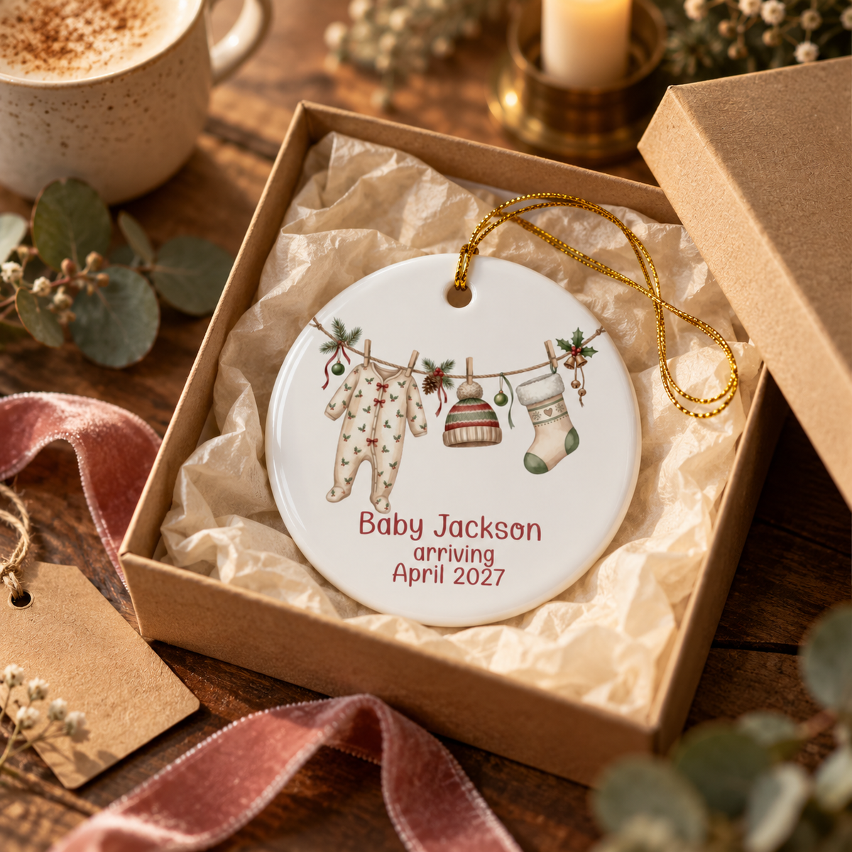Personalized knit hat and stocking baby arriving ornament in a kraft gift box with tissue paper