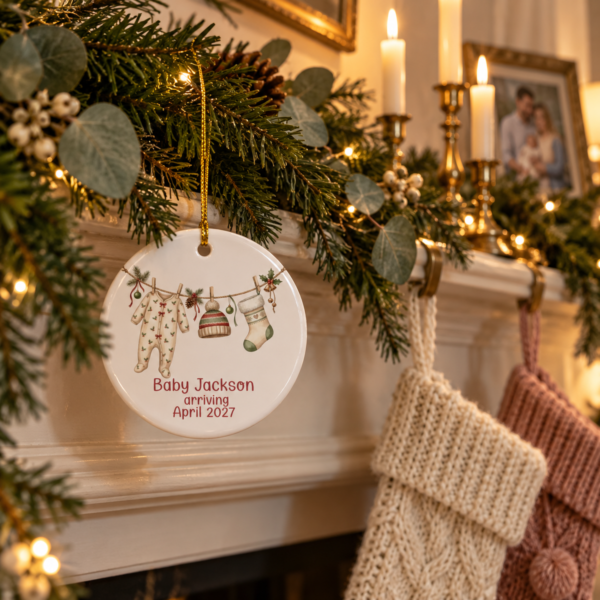 Knit hat and stocking baby arriving ornament hanging from a pine garland on a fireplace mantel with stockings
