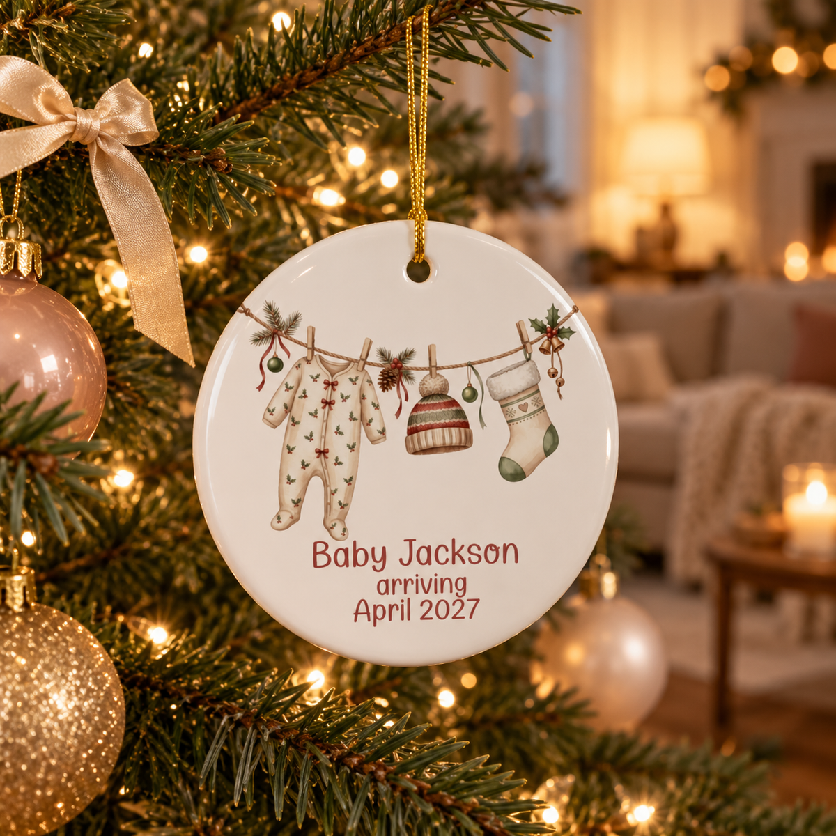 Holly print sleeper and knit hat baby arriving ornament hanging on a lit Christmas tree