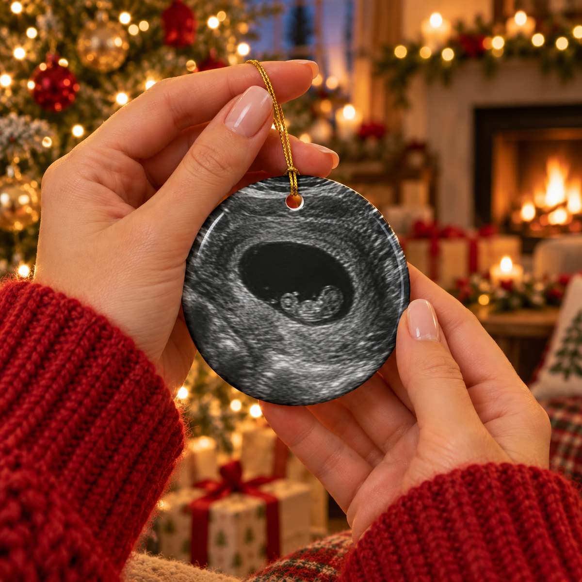 Hands holding the baby arriving ornament with an ultrasound photo on the back, in front of a Christmas tree