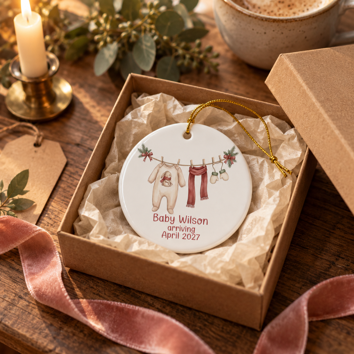 Personalized scarf and mittens baby arriving ornament in a kraft gift box with tissue paper