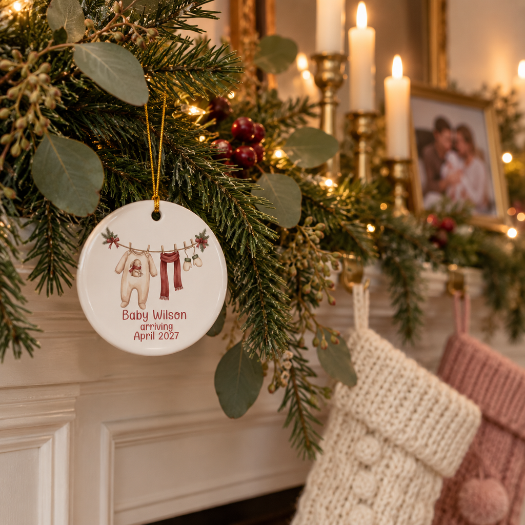 Scarf and mittens baby arriving ornament hanging from a pine garland on a fireplace mantel with stockings