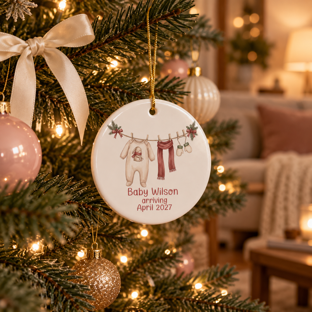 Bunny sleeper and red scarf baby arriving ornament hanging on a lit Christmas tree