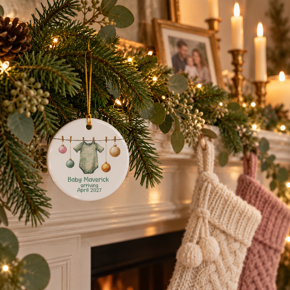 Striped bodysuit baby arriving ornament hanging from a pine garland on a fireplace mantel with stockings
