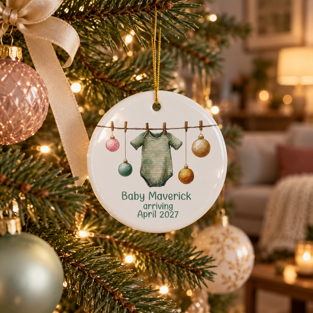 Sage green striped bodysuit baby arriving ornament hanging on a lit Christmas tree