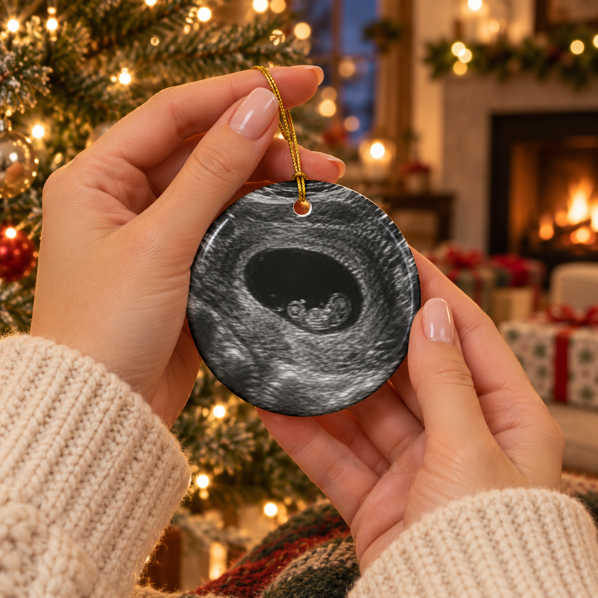 Hands holding the baby arriving ornament with an ultrasound photo on the back, in front of a Christmas tree