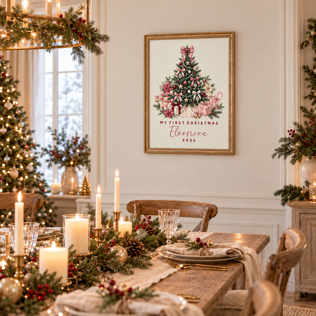 Framed pink bow tree baby's first Christmas poster on a dining room wall above a festive table with candles