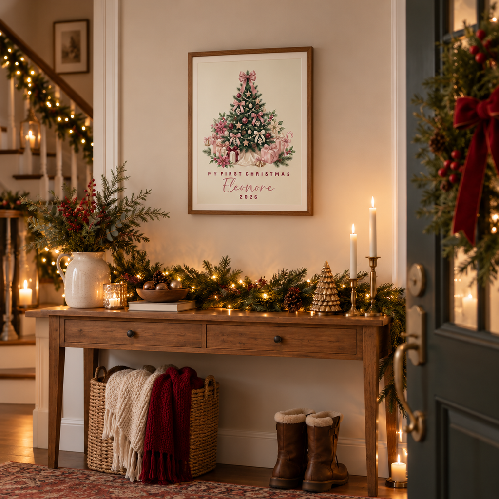 Personalized pink bow tree baby's first Christmas poster in a festive entryway above a console table