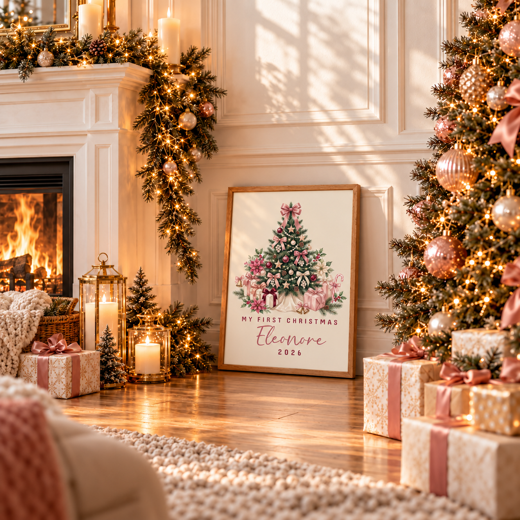 Framed pink bow tree baby's first Christmas poster leaning by a fireplace with wrapped gifts and a Christmas tree