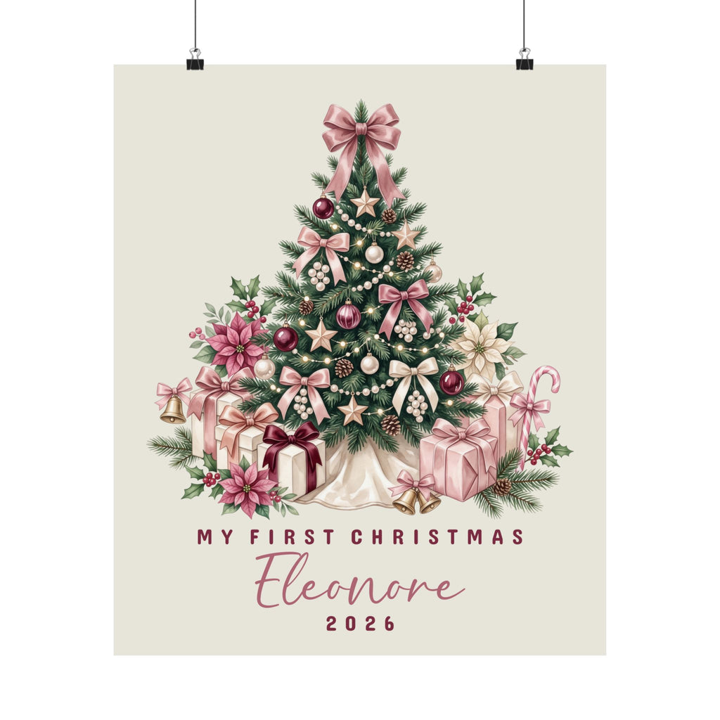 Unframed pink bow tree baby's first Christmas poster hanging on a wall, print preview