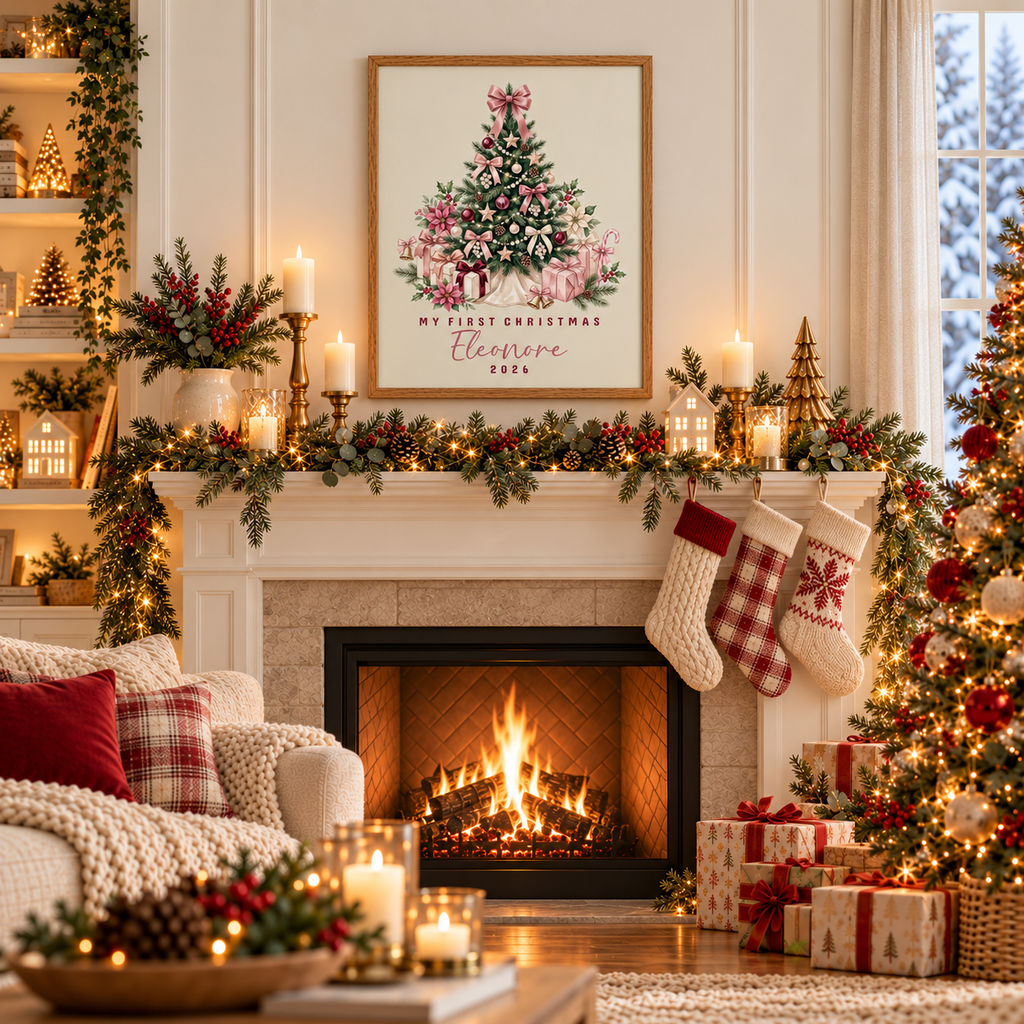 Pink bow tree baby's first Christmas poster above a fireplace mantel with stockings and garland