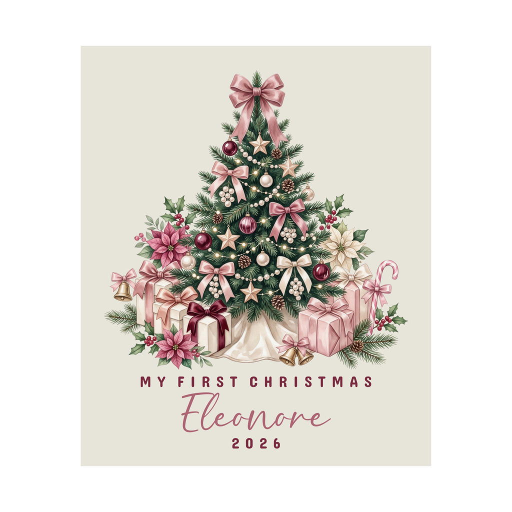 Personalized pink bow tree baby's first Christmas poster with custom baby's name and year