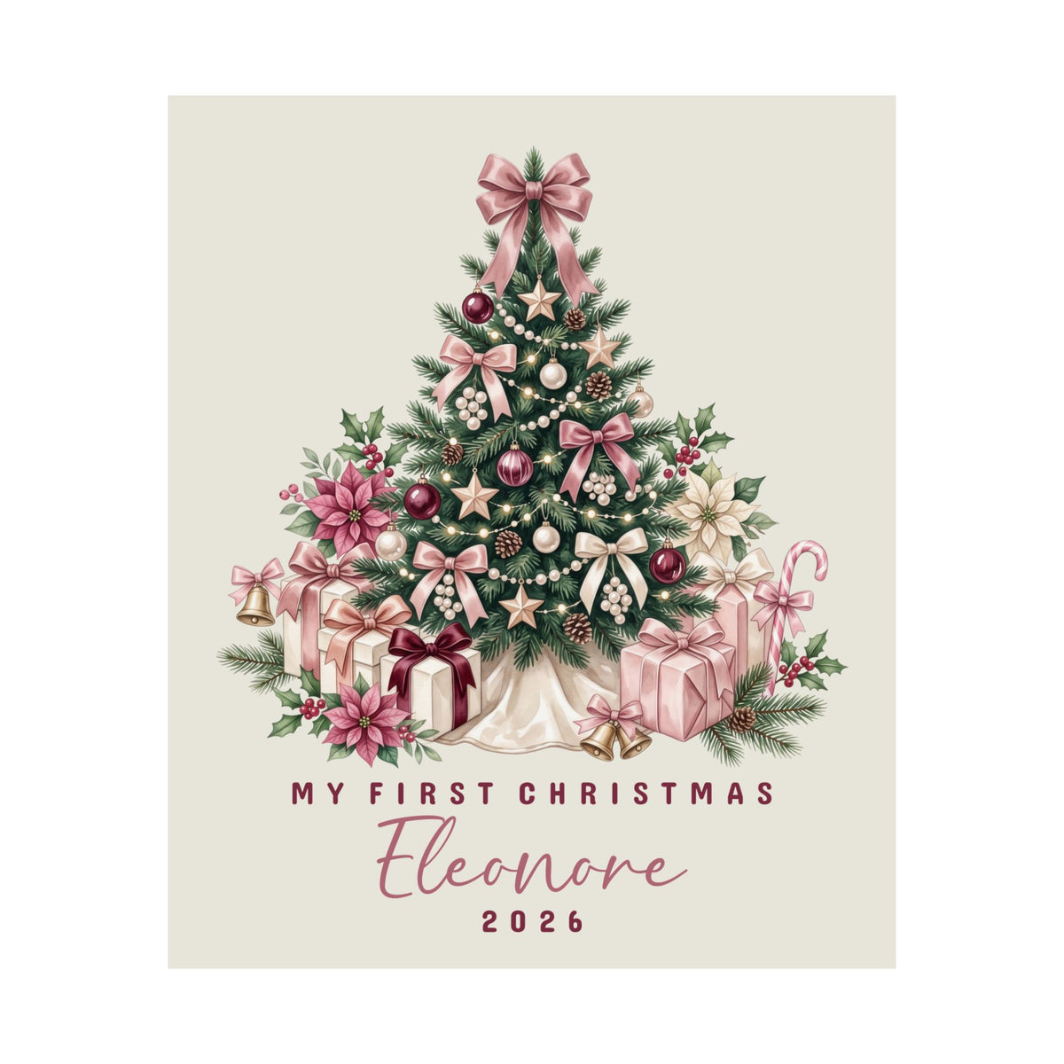 Personalized pink bow tree baby's first Christmas poster with custom baby's name and year