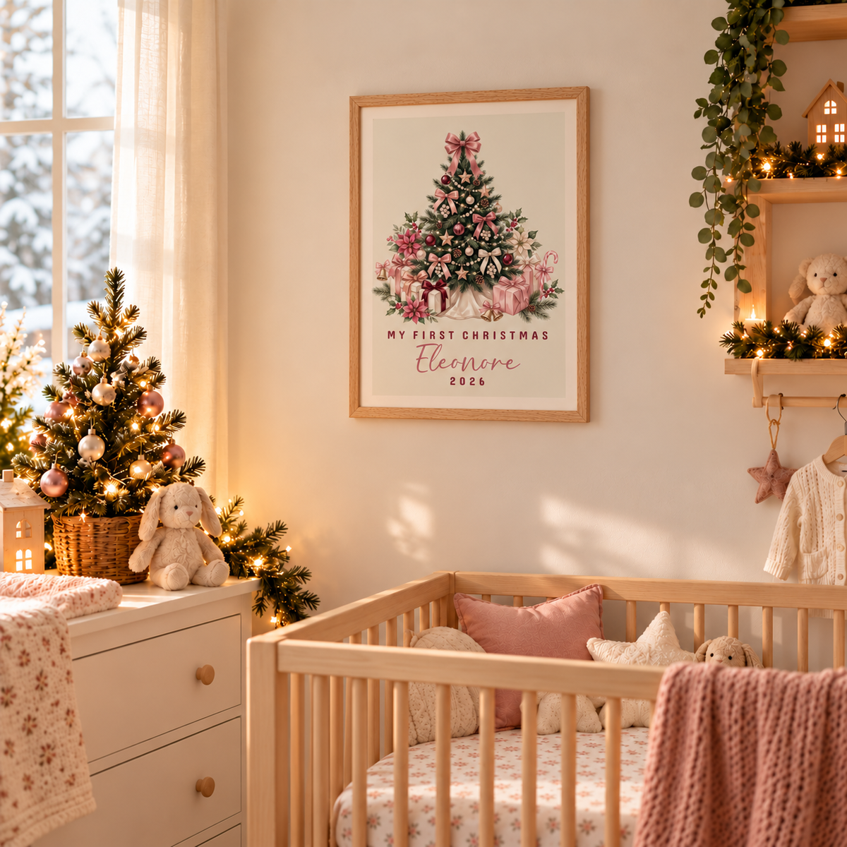 Framed pink bow tree baby's first Christmas poster on a nursery wall above a crib