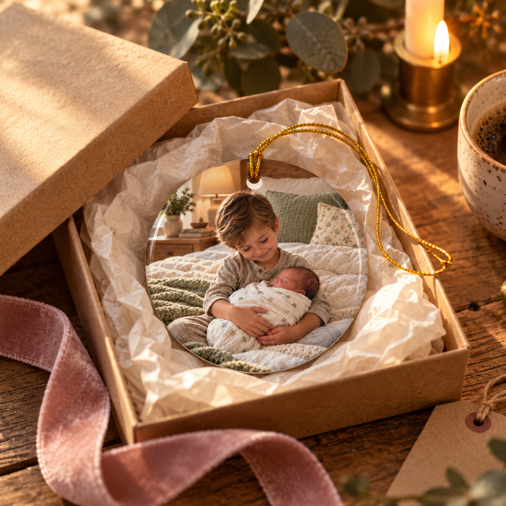 Photo side of the personalized The Year I Became a Big Brother Christmas ornament in a gift box