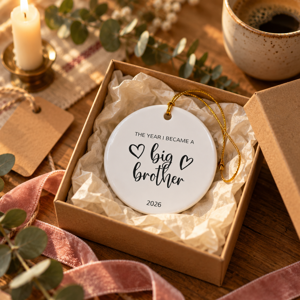 Personalized The Year I Became a Big Brother Christmas ornament in a gift box with tissue paper
