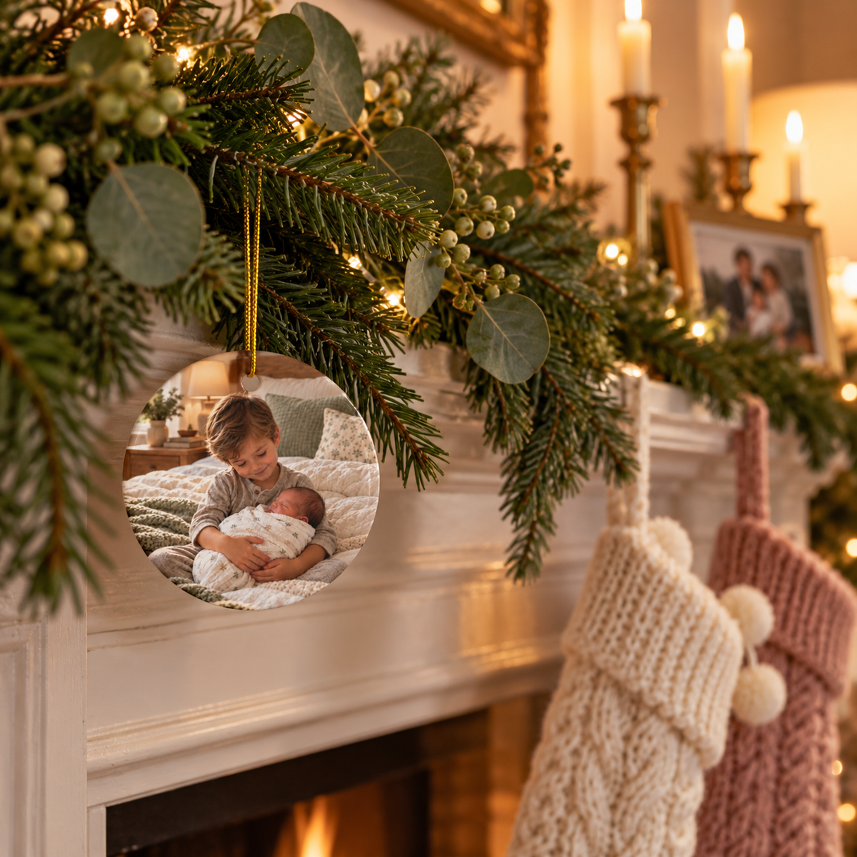 Photo side of the personalized The Year I Became a Big Brother Christmas ornament on a fireplace garland
