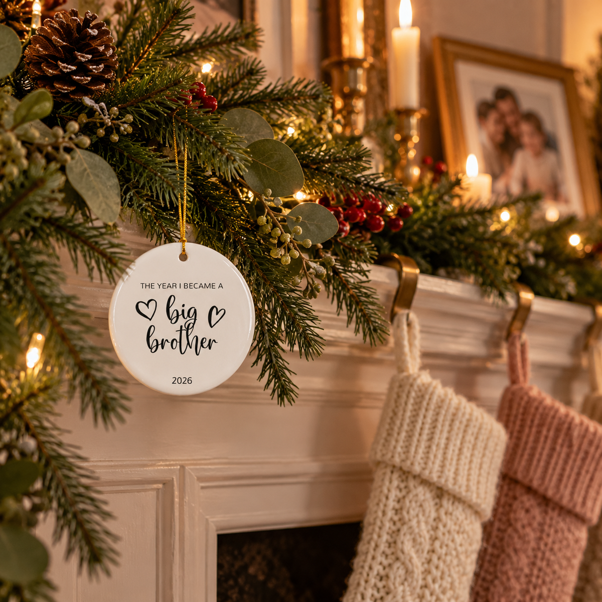 Personalized The Year I Became a Big Brother Christmas ornament on a fireplace garland with stockings