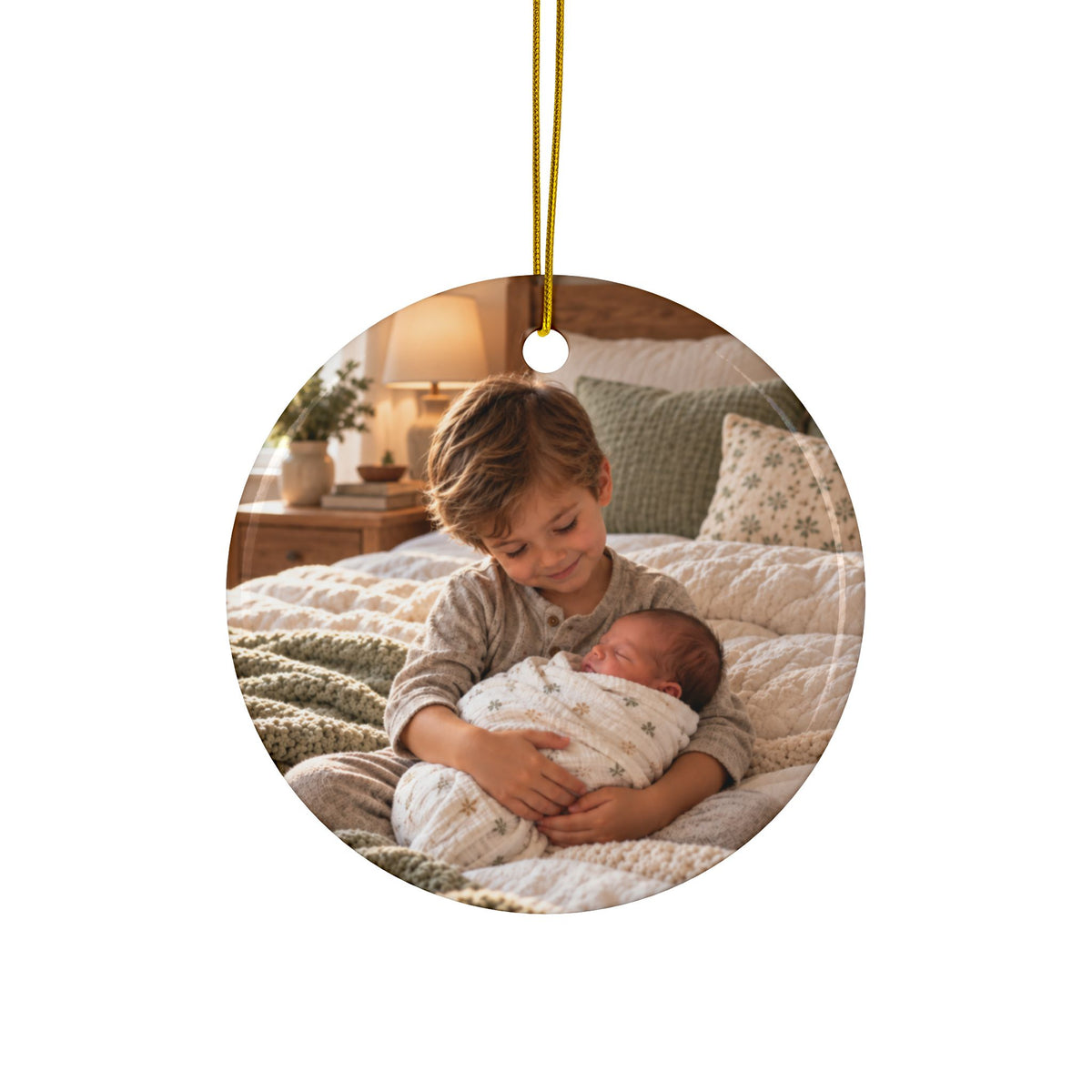 Photo side of the personalized The Year I Became a Big Brother Christmas ornament, showing a photo of the big brother with the baby