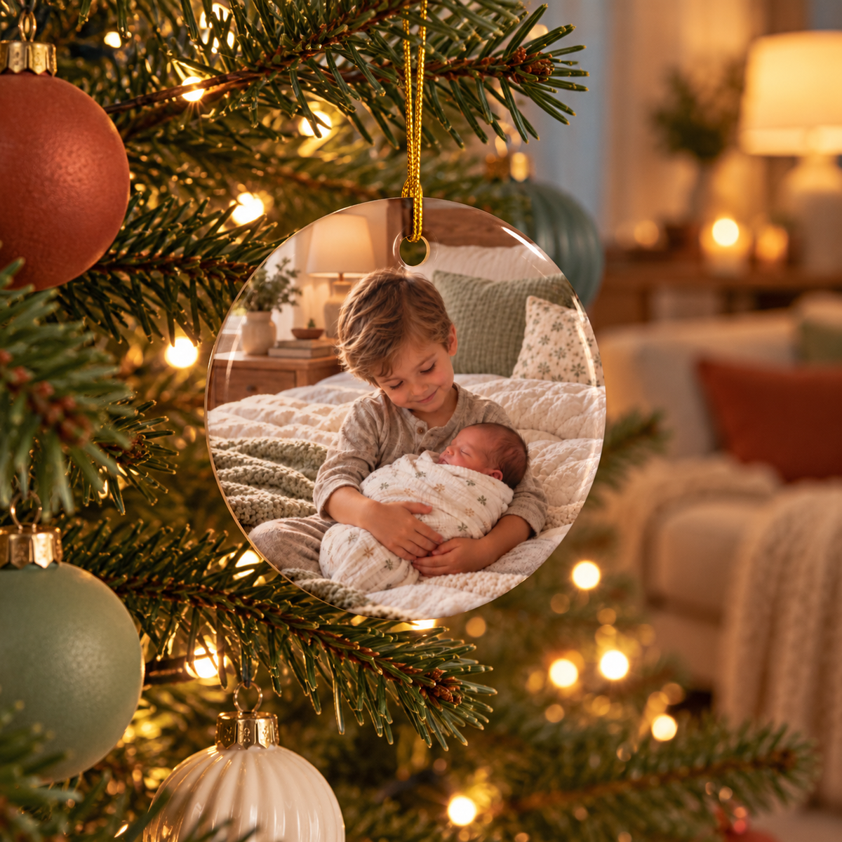 Photo side of the personalized The Year I Became a Big Brother Christmas ornament hanging on a Christmas tree