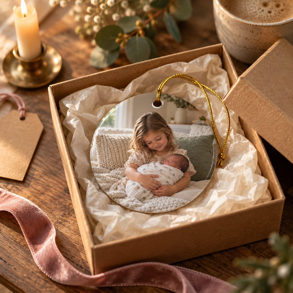 Photo side of the personalized The Year I Became a Big Sister Christmas ornament in a gift box
