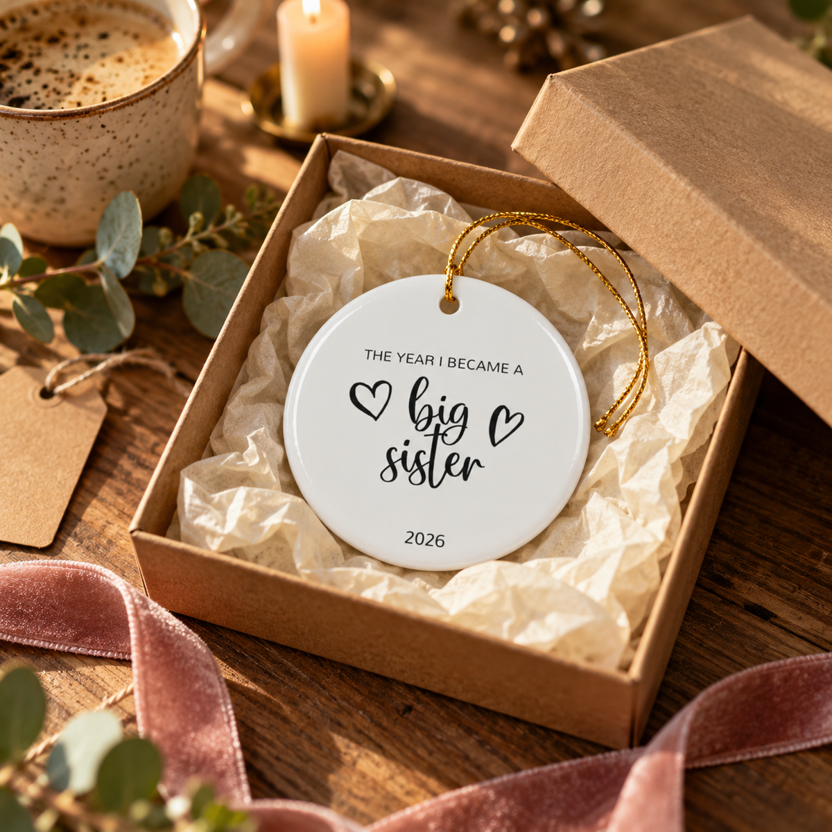Personalized The Year I Became a Big Sister Christmas ornament in a gift box with tissue paper