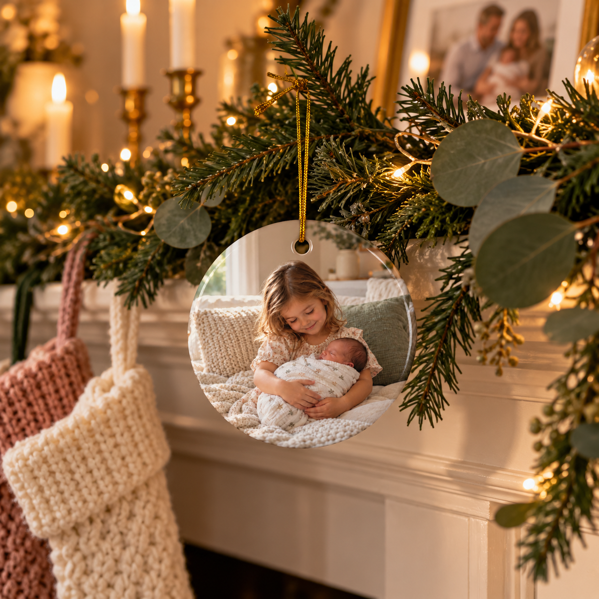 Photo side of the personalized The Year I Became a Big Sister Christmas ornament on a fireplace garland