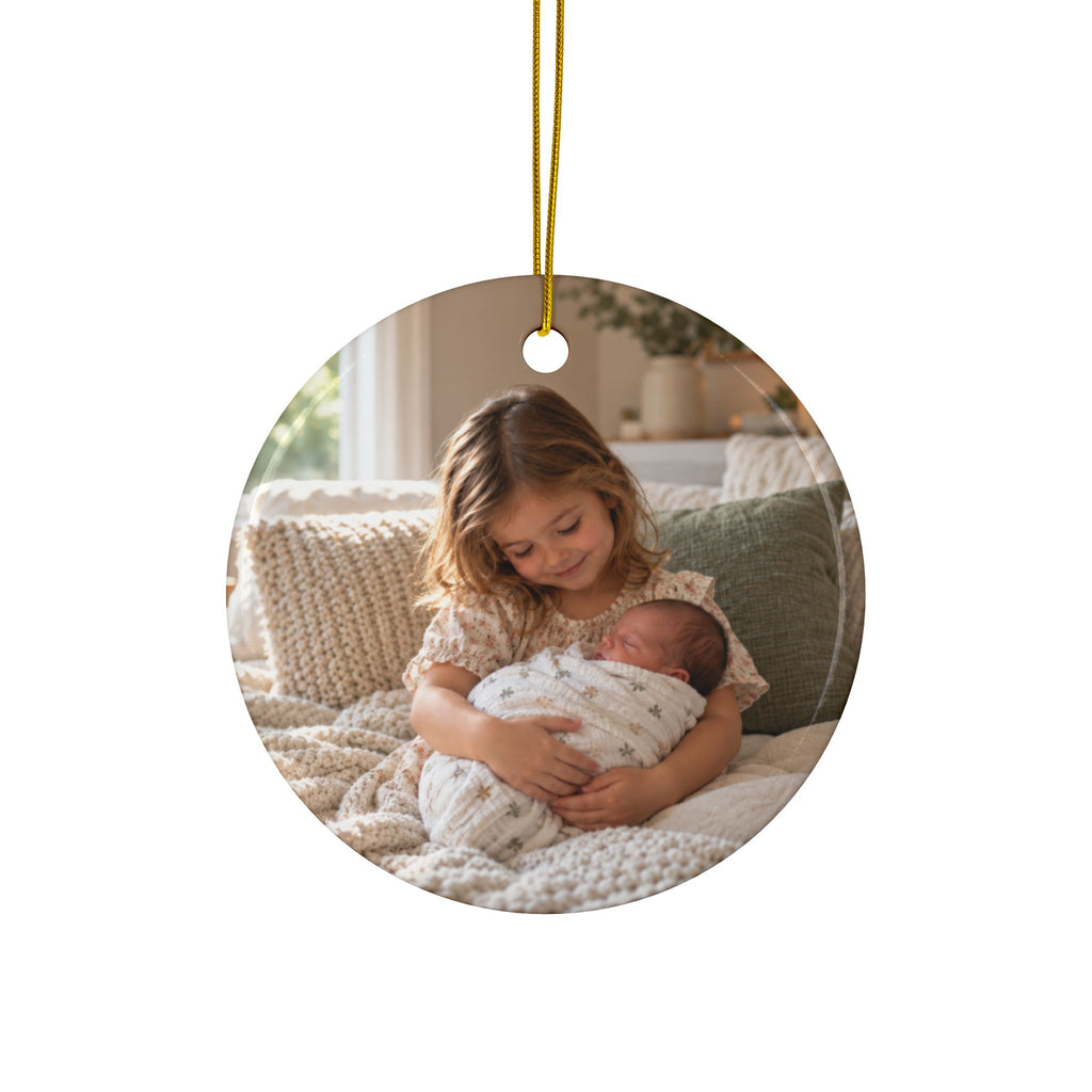 Photo side of the personalized The Year I Became a Big Sister Christmas ornament, showing a photo of the big sister with the baby
