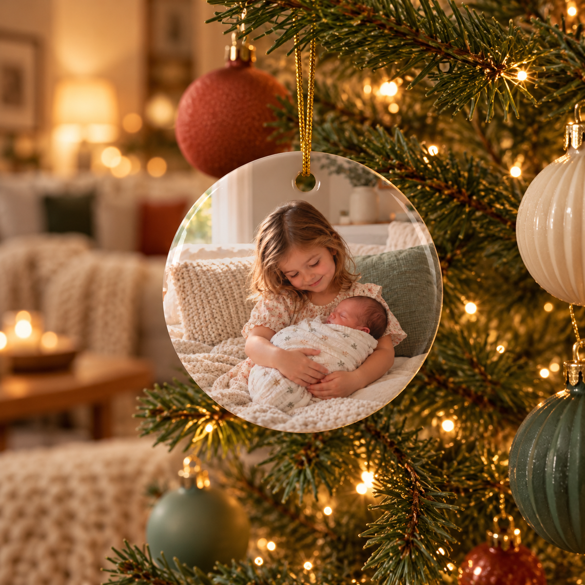 Photo side of the personalized The Year I Became a Big Sister Christmas ornament hanging on a Christmas tree