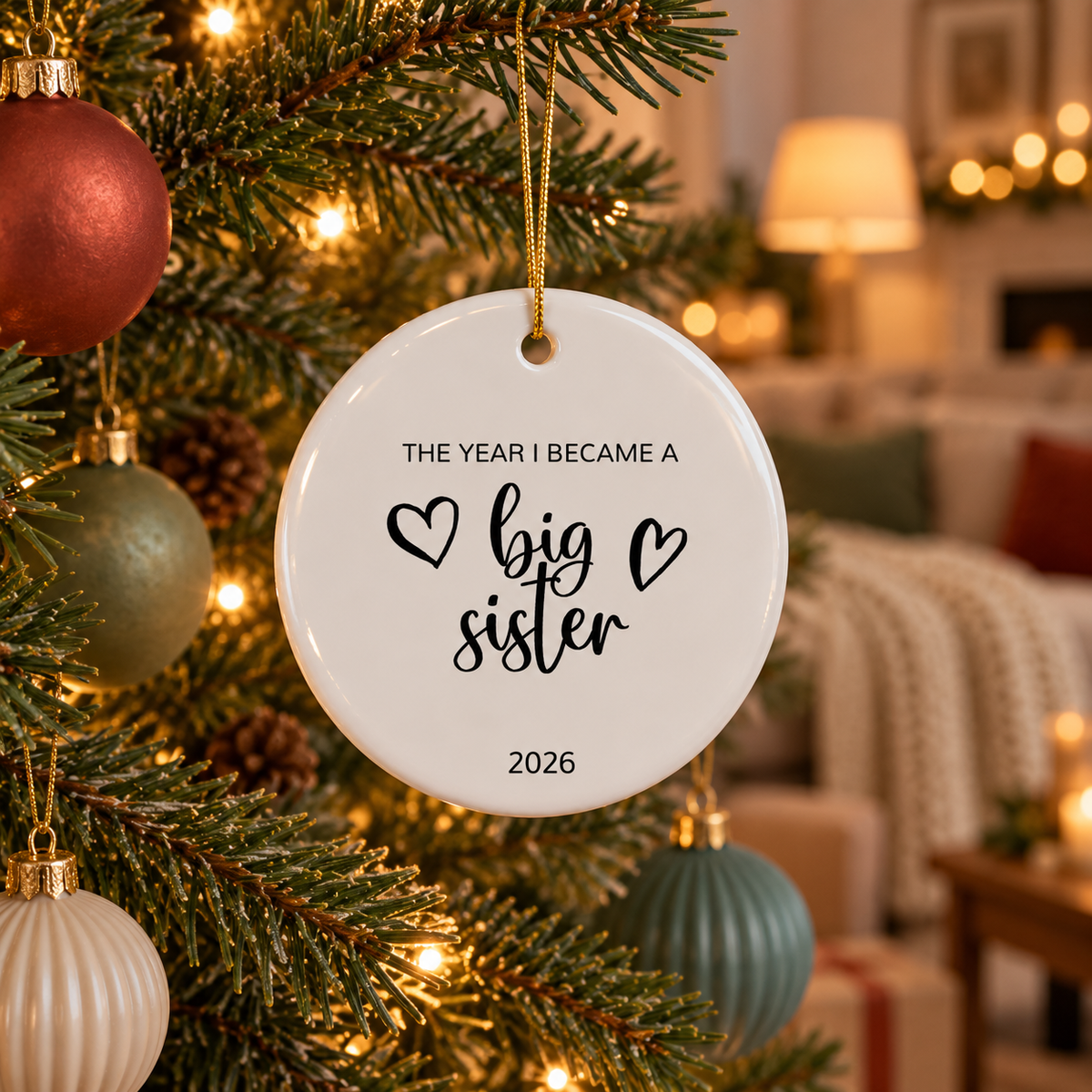Personalized The Year I Became a Big Sister Christmas ornament hanging on a Christmas tree