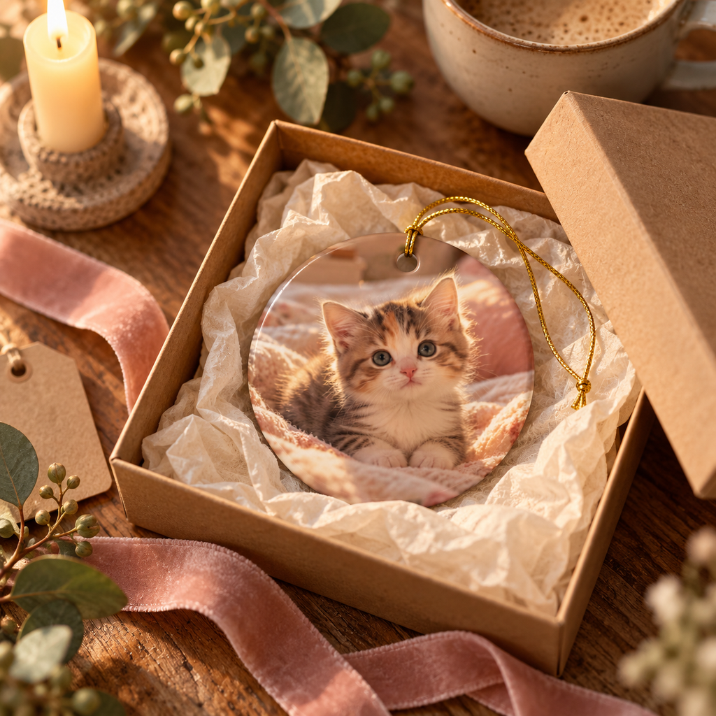 Photo side of the personalized cat mom first Christmas ornament with paw prints and black script name in a gift box