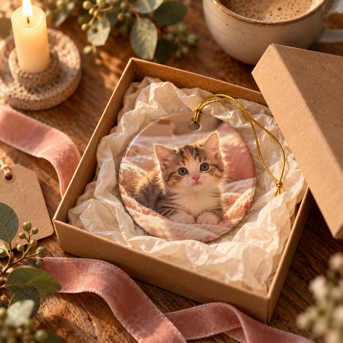 Photo side of the personalized cat mom first Christmas ornament with paw prints and black script name in a gift box