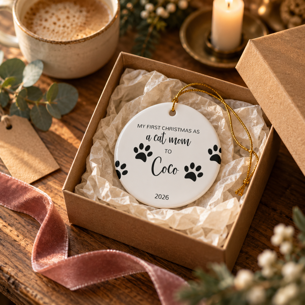 Personalized cat mom first Christmas ornament with paw prints and black script name in a gift box with tissue paper