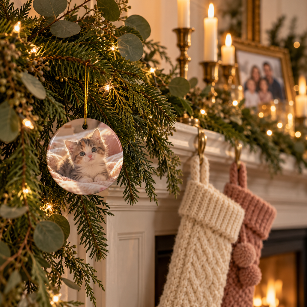 Photo side of the personalized cat mom first Christmas ornament with paw prints and black script name on a fireplace garland