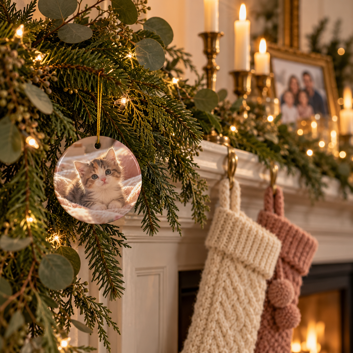 Photo side of the personalized cat mom first Christmas ornament with paw prints and black script name on a fireplace garland