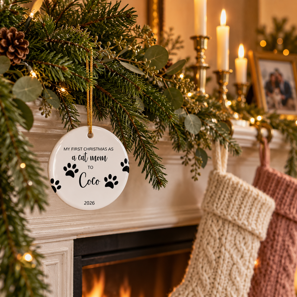 Personalized cat mom first Christmas ornament with paw prints and black script name on a fireplace garland with stockings