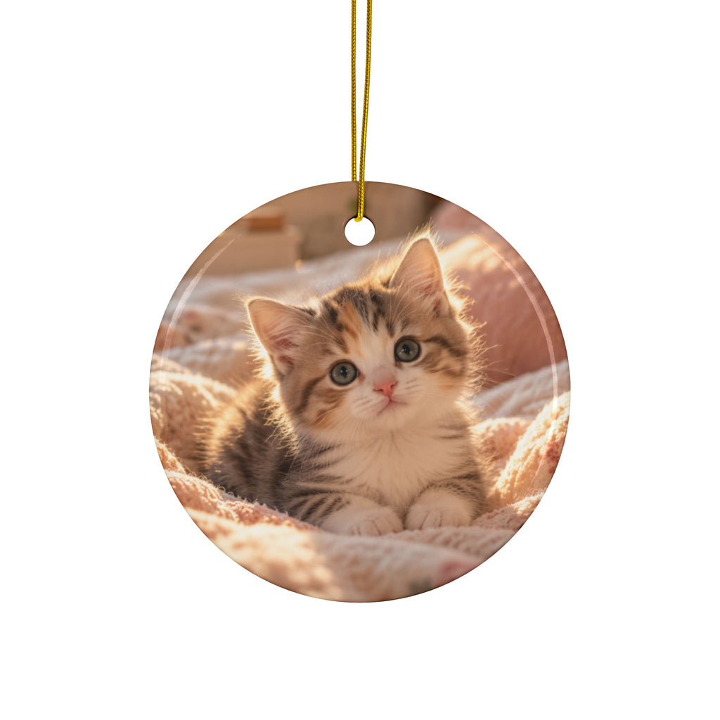 Photo side of the personalized cat mom first Christmas ornament with paw prints and black script name, showing a cat photo