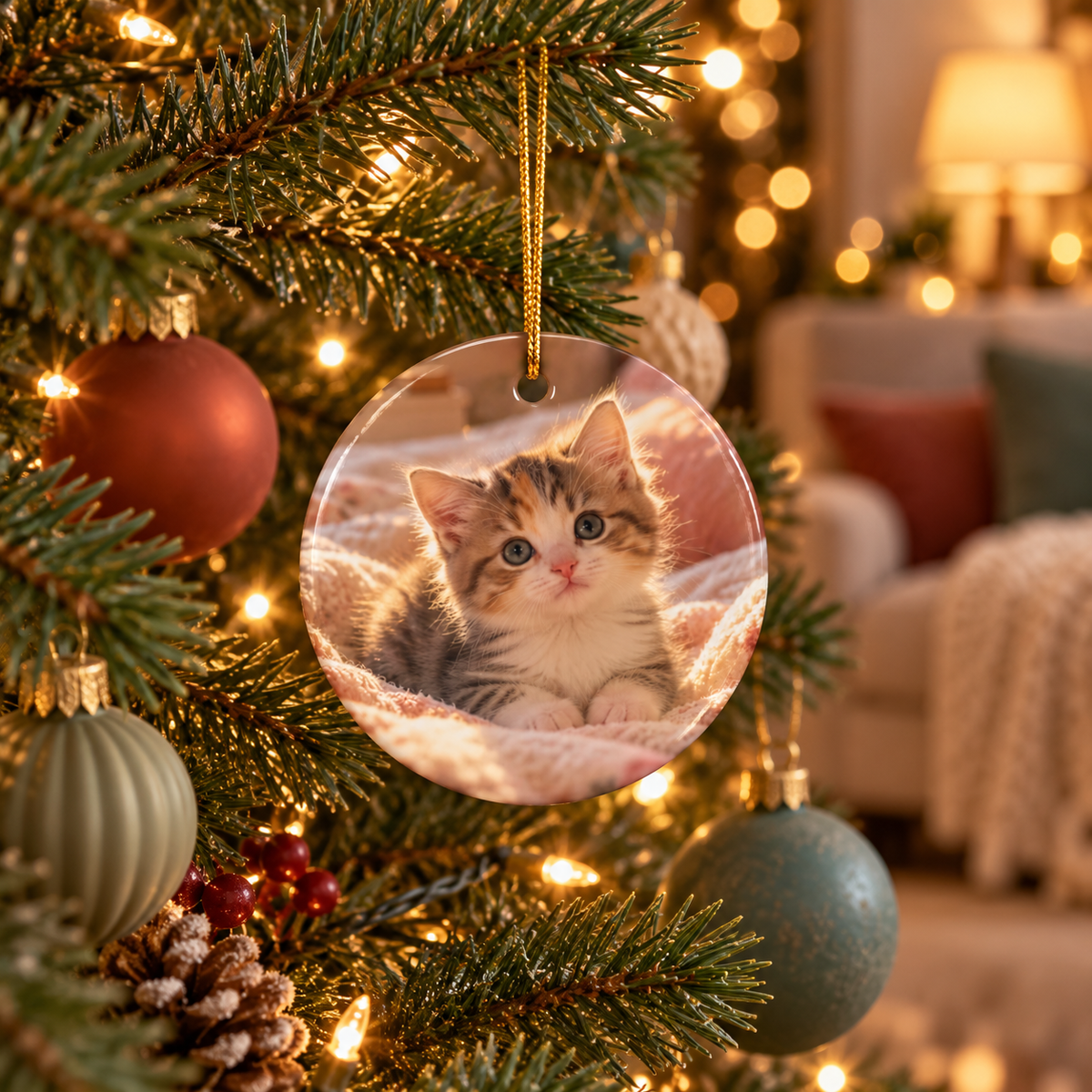 Photo side of the personalized cat mom first Christmas ornament with paw prints and black script name hanging on a Christmas tree