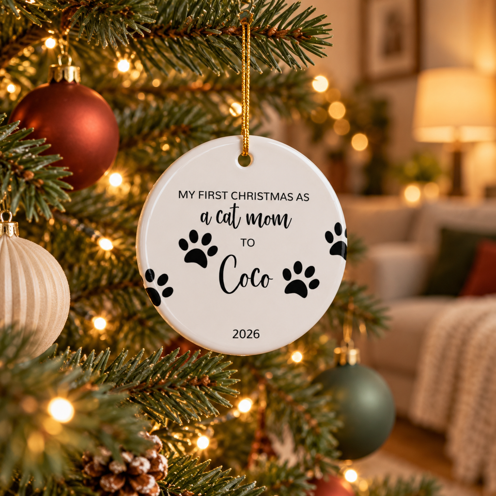 Personalized cat mom first Christmas ornament with paw prints and black script name hanging on a Christmas tree