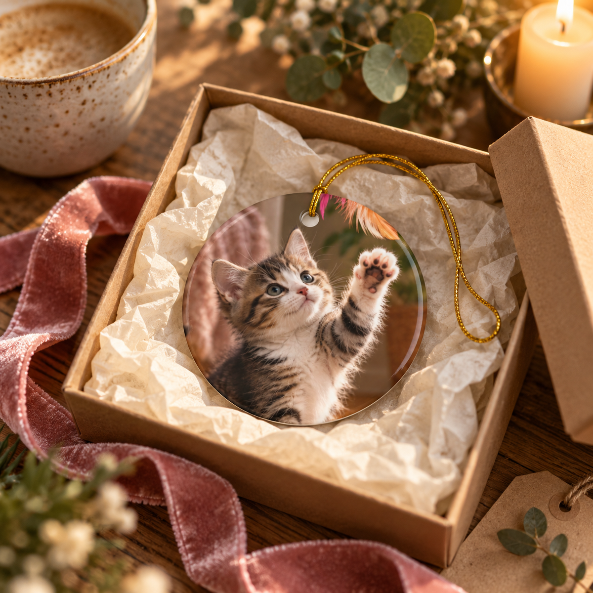 Photo side of the personalized cat mom first Christmas ornament with paw prints and gold script name in a gift box