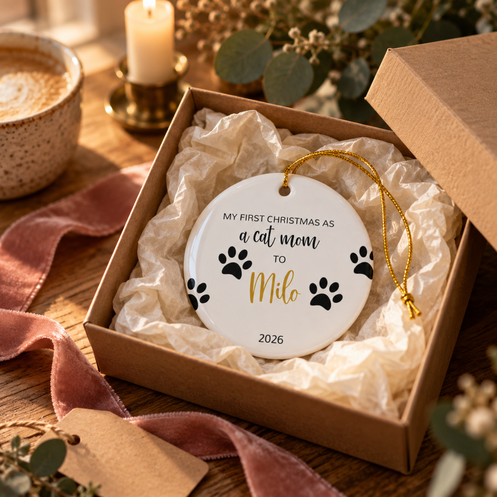 Personalized cat mom first Christmas ornament with paw prints and gold script name in a gift box with tissue paper