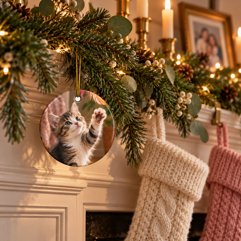 Photo side of the personalized cat mom first Christmas ornament with paw prints and gold script name on a fireplace garland